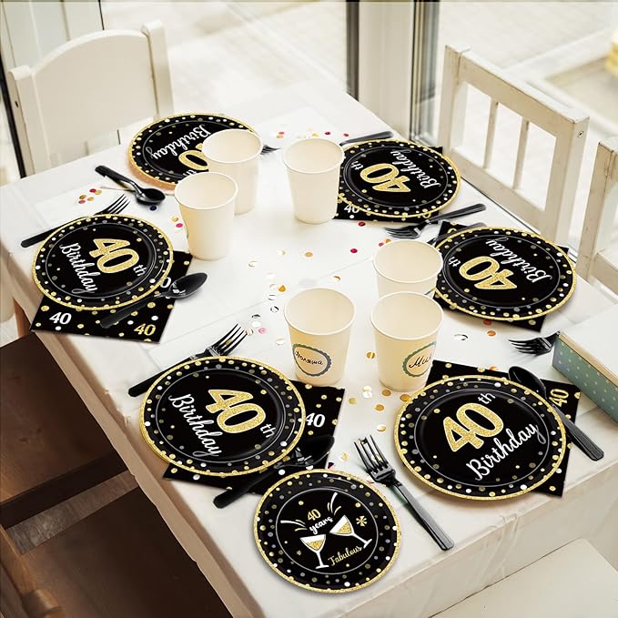 96 Pcs 40th Birthday Plates and Napkins Party Supplies Black Gold