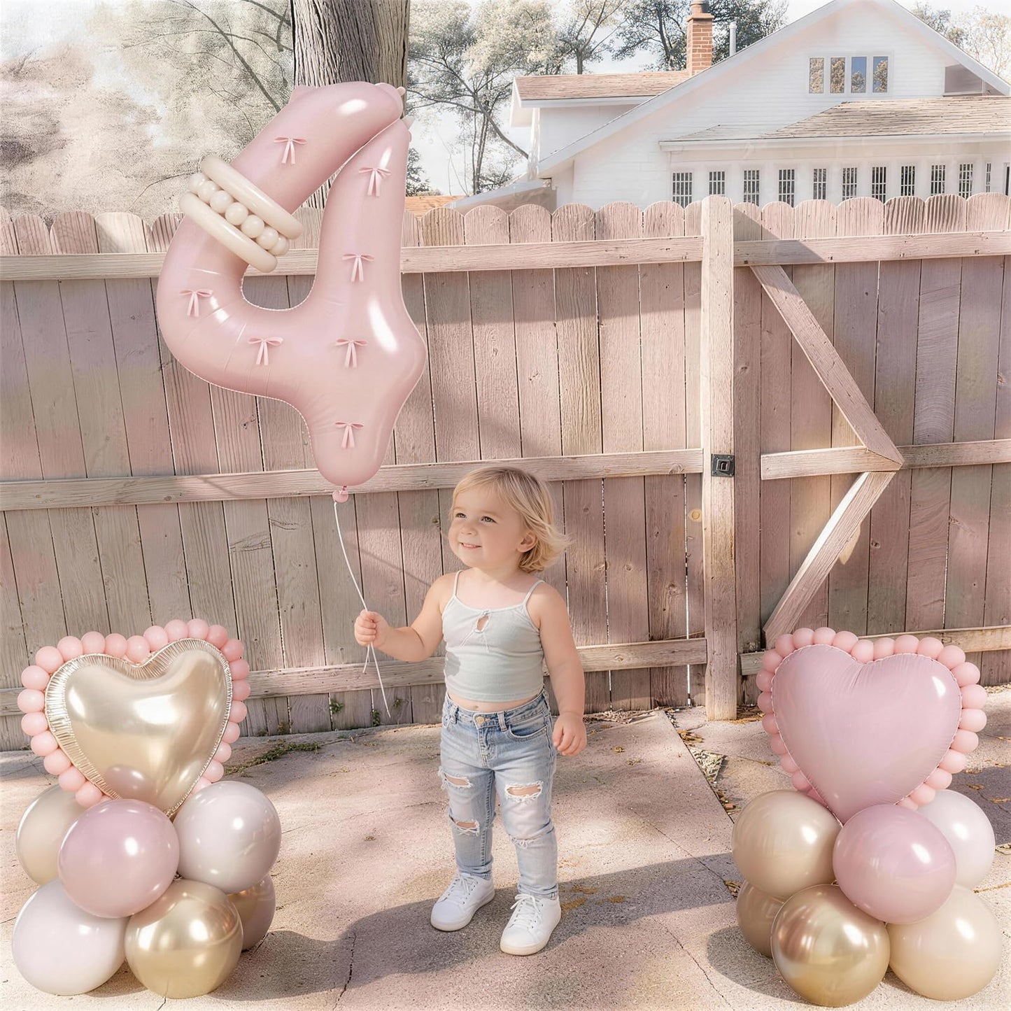 Pink 4 Balloon Number 40 Inch, Dusty Blush Pink Gold Sand White Latex