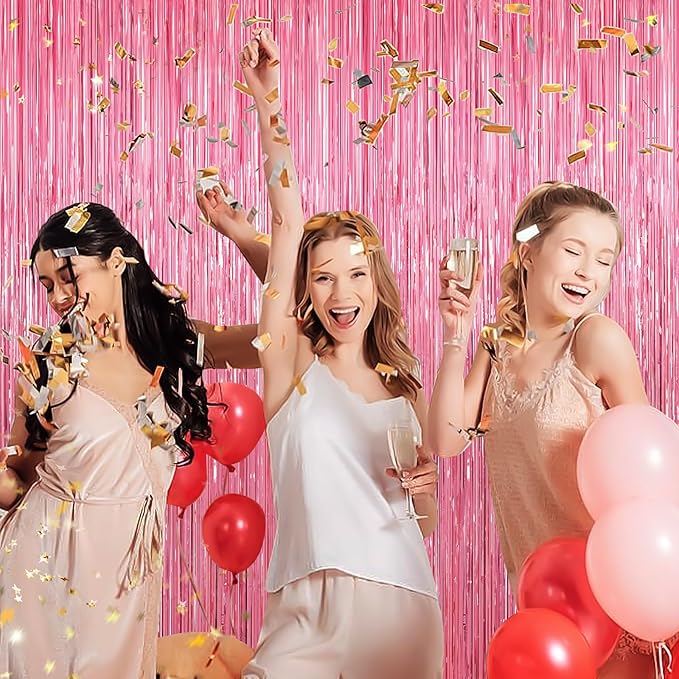 Pink Metallic Tinsel Foil Fringe Curtains, 2 Pack 3.3x8.3 Feet Party