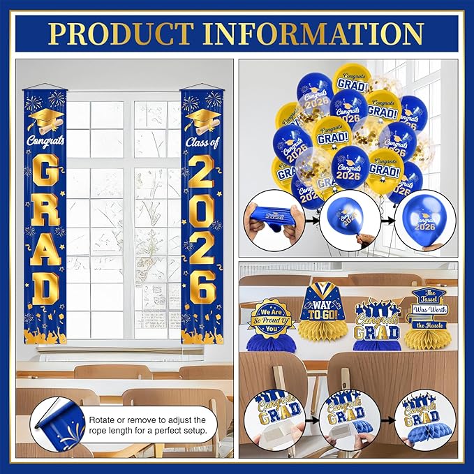 Graduation Decorations Class of 2026 Blue and Gold Graduation Party