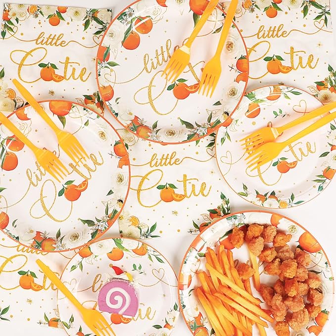 Little Cutie Baby Shower Decorations Plates And Napkins Orange