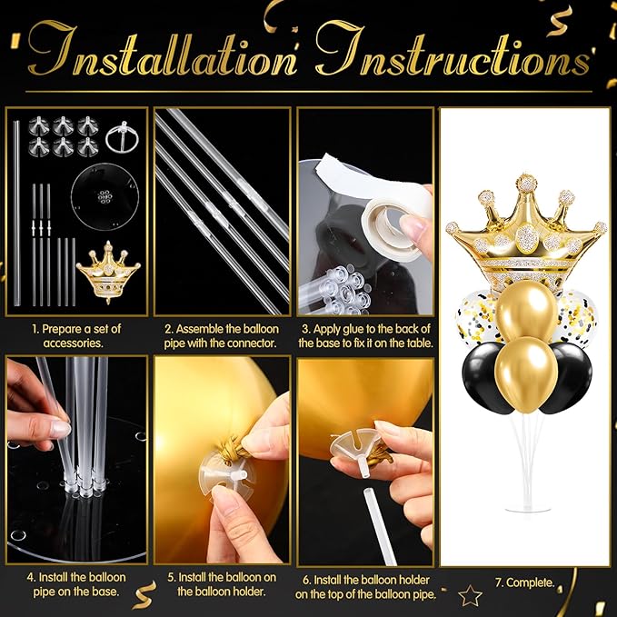 2 Set Black and Gold Balloon Stand Kits Gold Crown Balloons Sticks