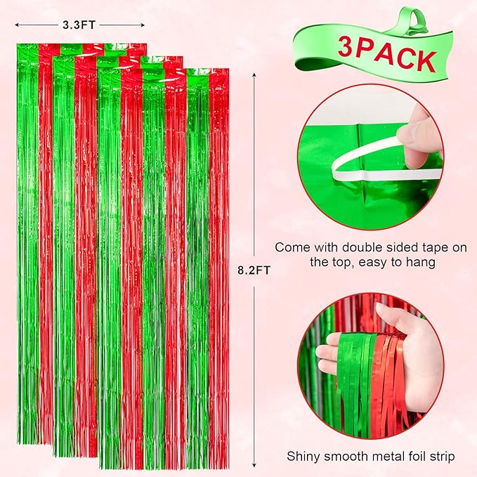 Voircoloria 3 Pack 3.3x8.2 Feet Red and Green Foil Fringe Backdrop