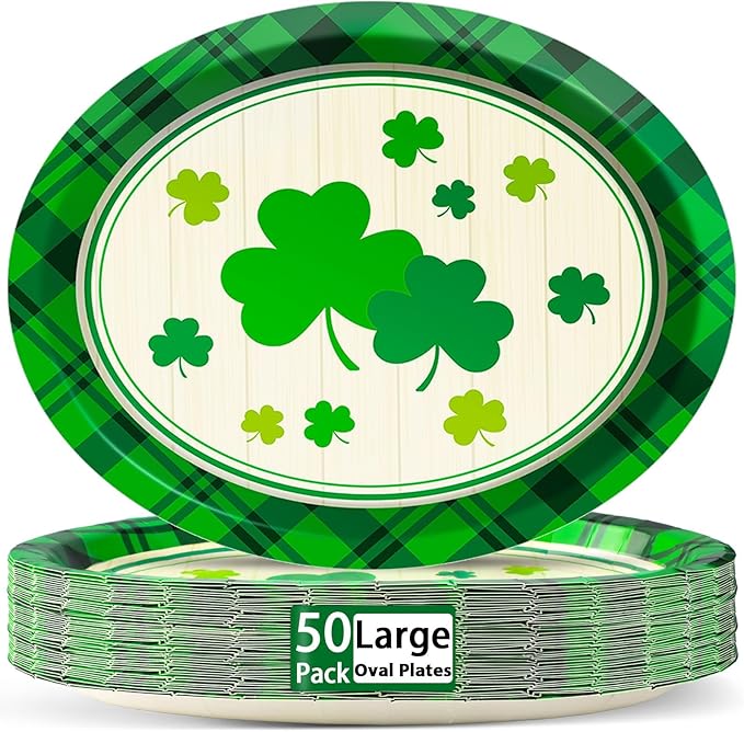 50 PCS St Patrick's Day Oval Paper Plates Large 11” Disposable Saint