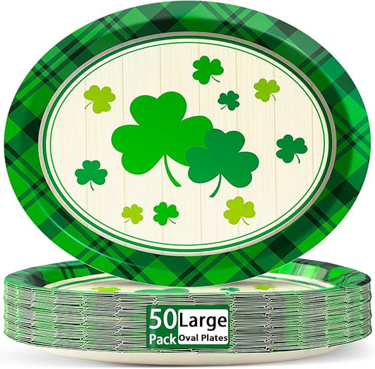50 PCS St Patrick's Day Oval Paper Plates Large 11” Disposable Saint