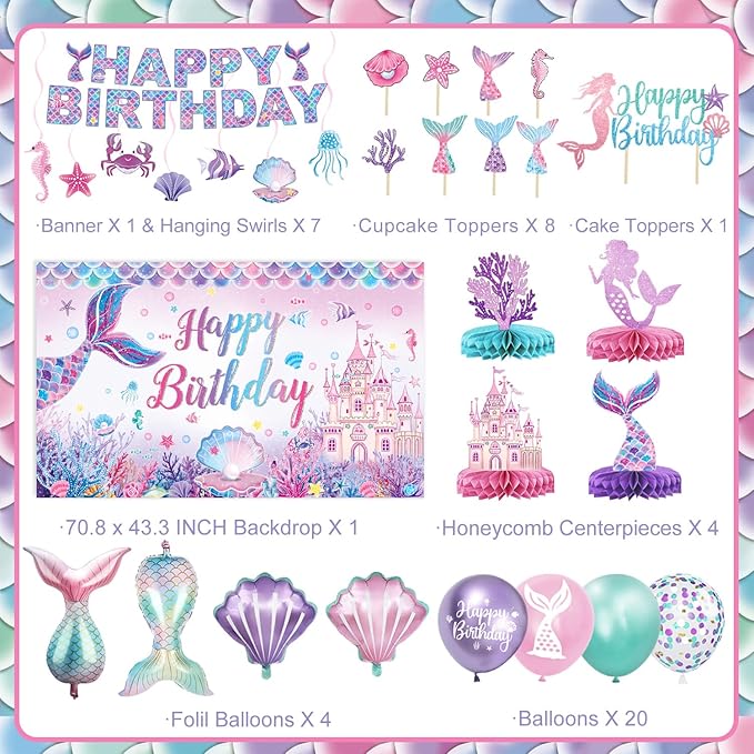 Mermaid Birthday Decorations Includes Banner Backdrop Foil &