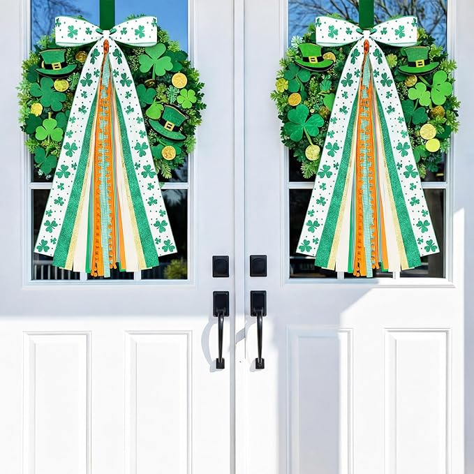 2 Pcs St Patricks Day Clover Ribbon Bow for Wreath Large Clover