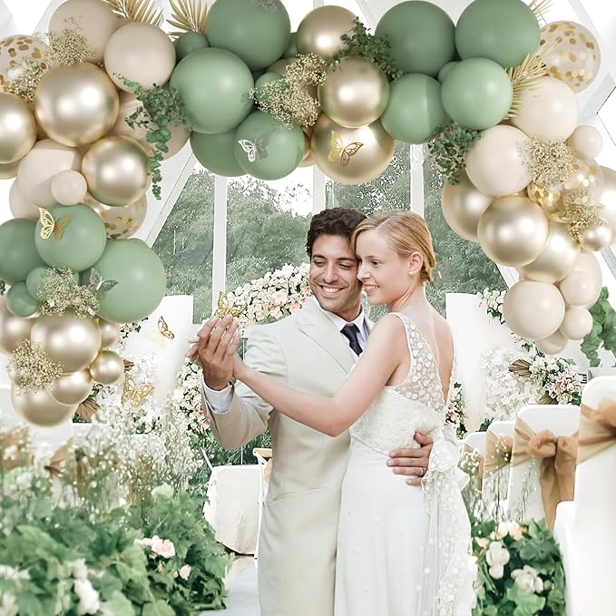 Sage green Balloons, 60pcs 12inch Sage green Sand White Metallic Gold