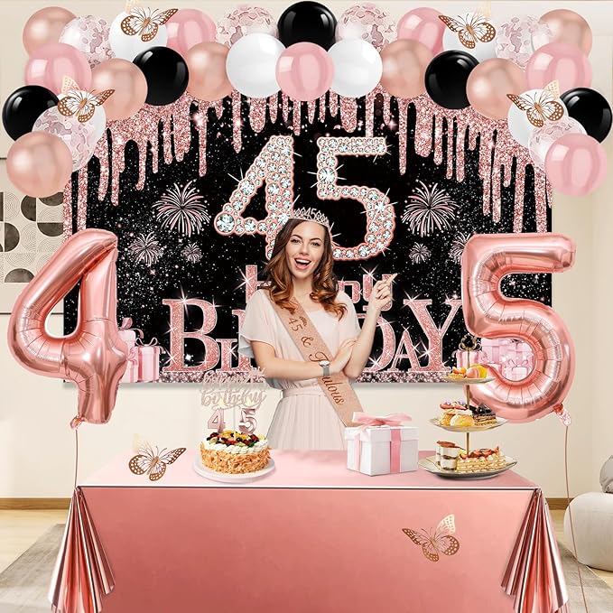 45th Birthday Decorations for Women 49pcs Black Rose Gold Black