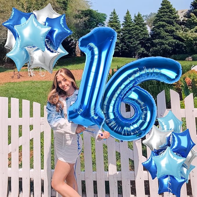 Dark Blue Number 1 Balloons, Big Royal Light Blue Silver Star One