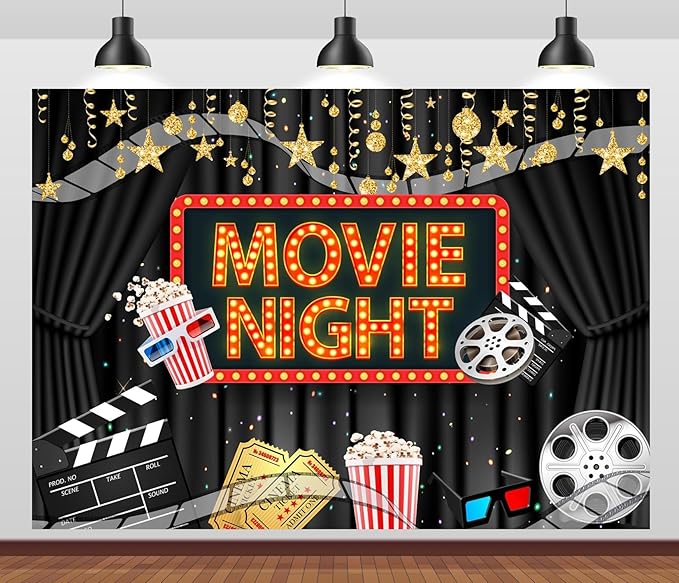 Movie Night Backdrop Fabric 10x6.5ft Cinema Popcorn Light Movie
