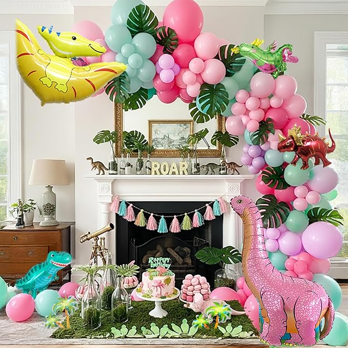 Pink Dino Balloon garland arch kit with Pastel Pink Purple Teal and