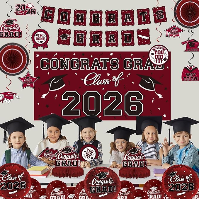 Maroon Themed 2026 Graduation Decorations Set - Congrats Grad Banner,