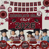 Maroon Themed 2026 Graduation Decorations Set - Congrats Grad Banner,