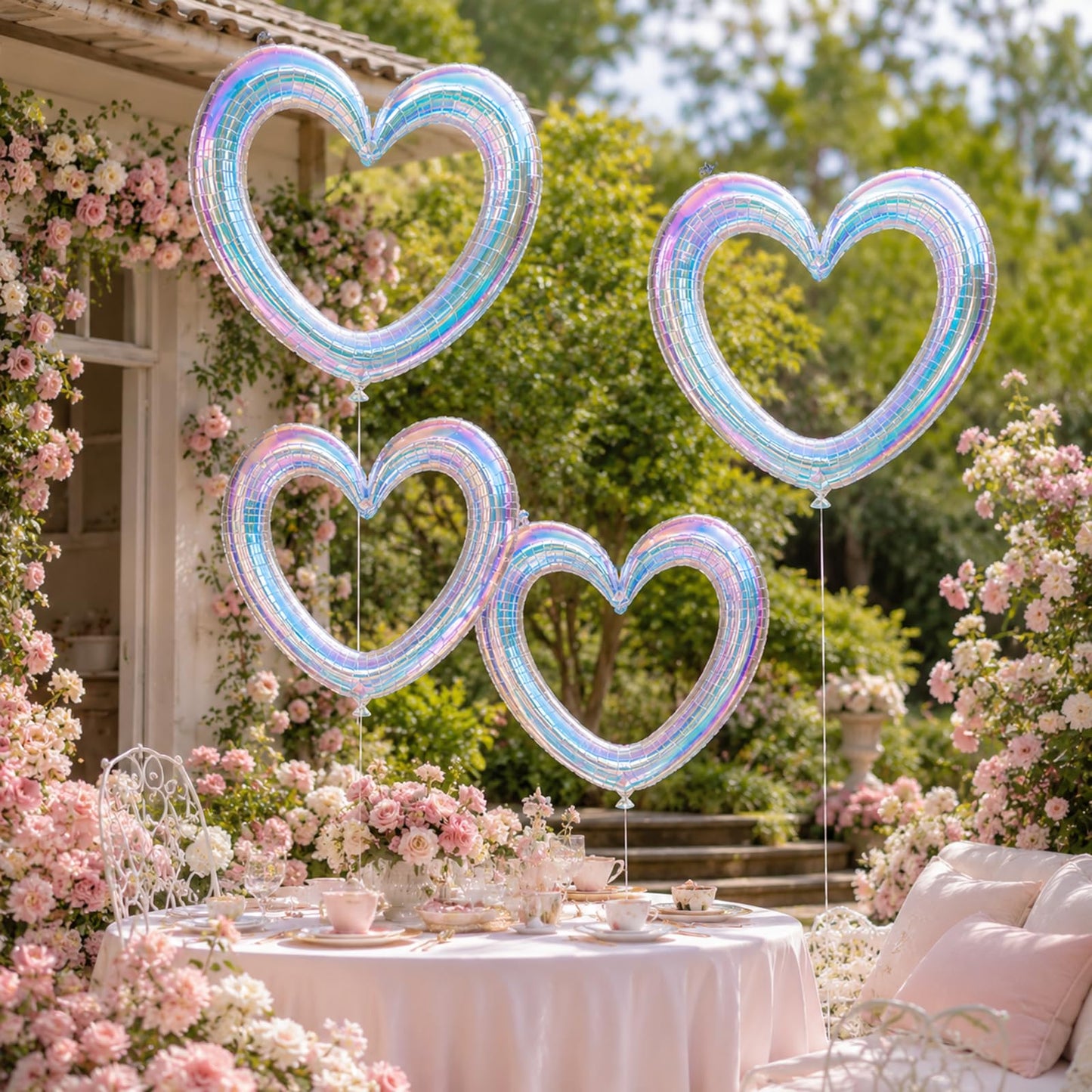 Iridescent Hollow Heart Balloons, 4 Pcs 40 Inch Clear Rainbow
