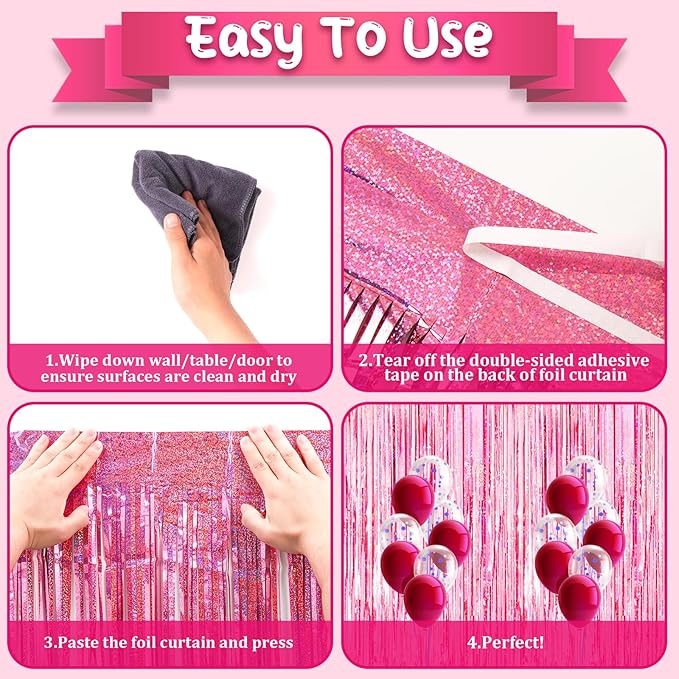 Voircoloria 3 Pack 3.3x8.2 Feet Laser Pink Foil Fringe Backdrop