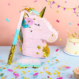 Small Unicorn Pinata Pink Gold with a Blindfold a Bat and Confetti