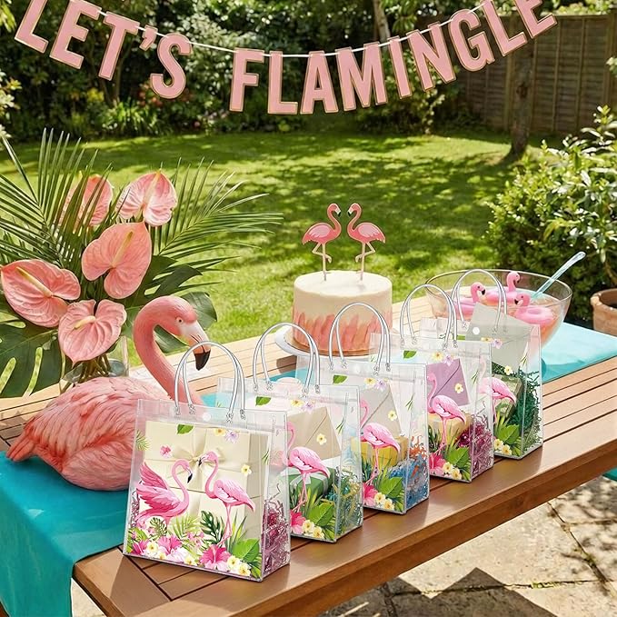 24 Pcs Flamingo Clear PVC Gift Bags with Handles Tropical Party