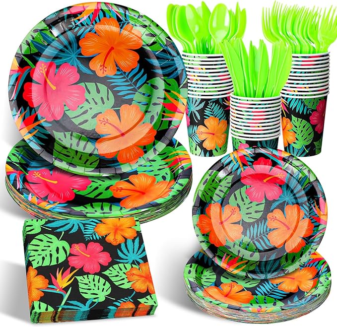 168 Pcs Tropical Nights Hawaiian Aloha Party Supplies 7 Inch 9 Inch