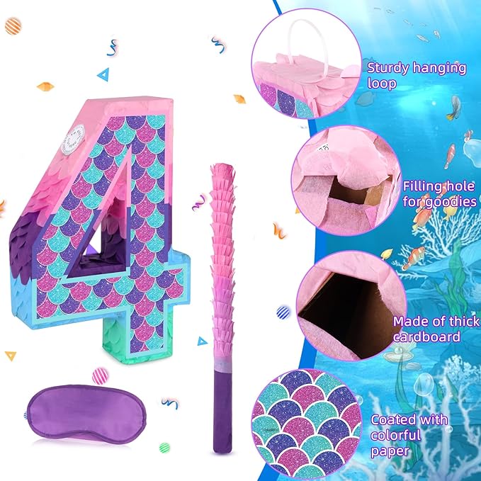 Mermaid Number 4 Pinata with Stick Blindfold for Girl 4th Birthday