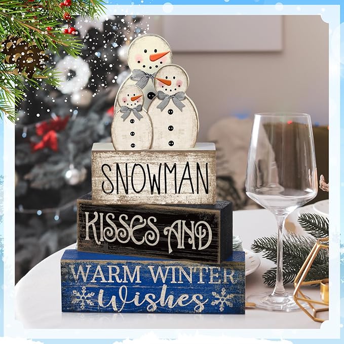4 Pcs Winter Table Decor Wooden Snowman Decorations Winter Tiered