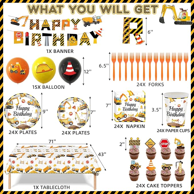 Construction Birthday Party Supplies for 24 Guests Decorations