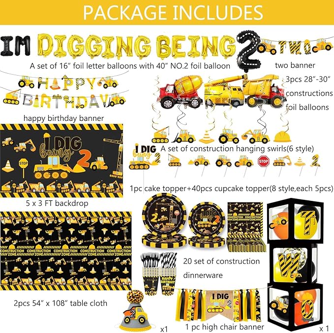348 Pcs Construction 2nd Birthday Decorations Dump Truck Two Years