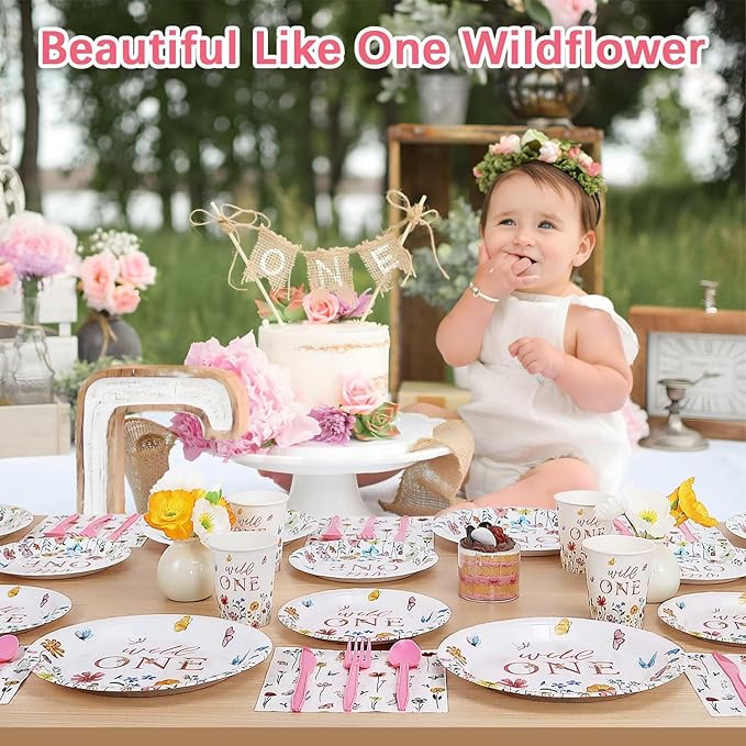 Wild and Onederful 1st Birthday Girl Plates Set 25 Guests Spring