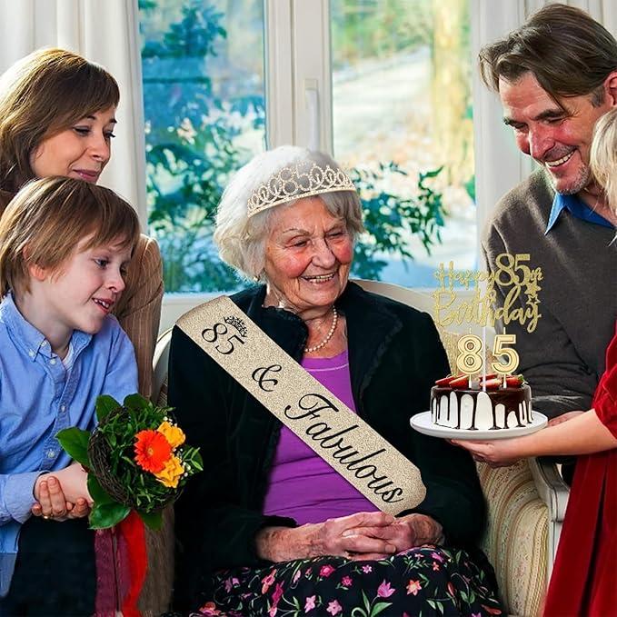 85th Birthday Decorations for Women Gold with 85th Birthday Sash and