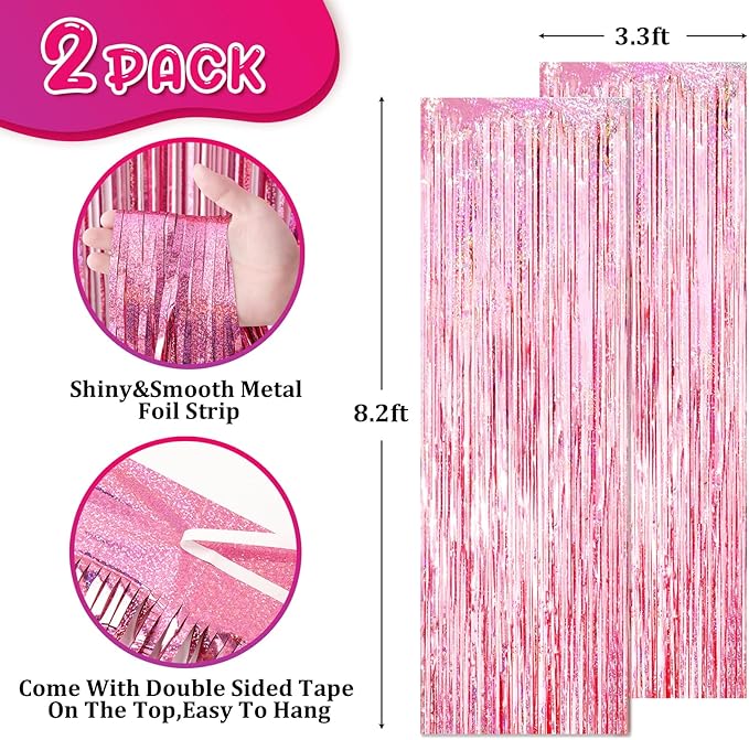 Voircoloria 2 Pack 3.3x8.2 Feet Laser Pink Foil Fringe Backdrop