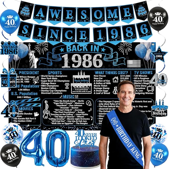 40th Birthday Decorations for Men 20PCS Black Blue Back in 1986