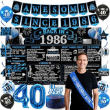 40th Birthday Decorations for Men 20PCS Black Blue Back in 1986