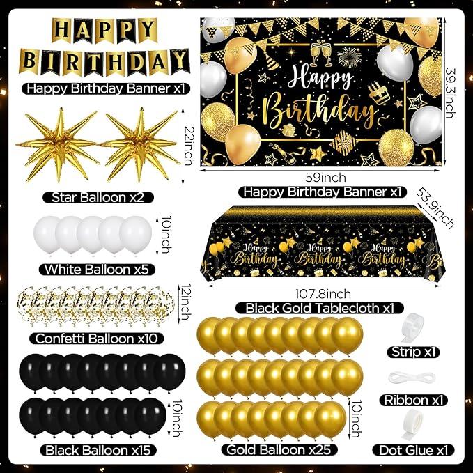 Black Gold Birthday Party Decorations for Men Women 63Pcs Black and