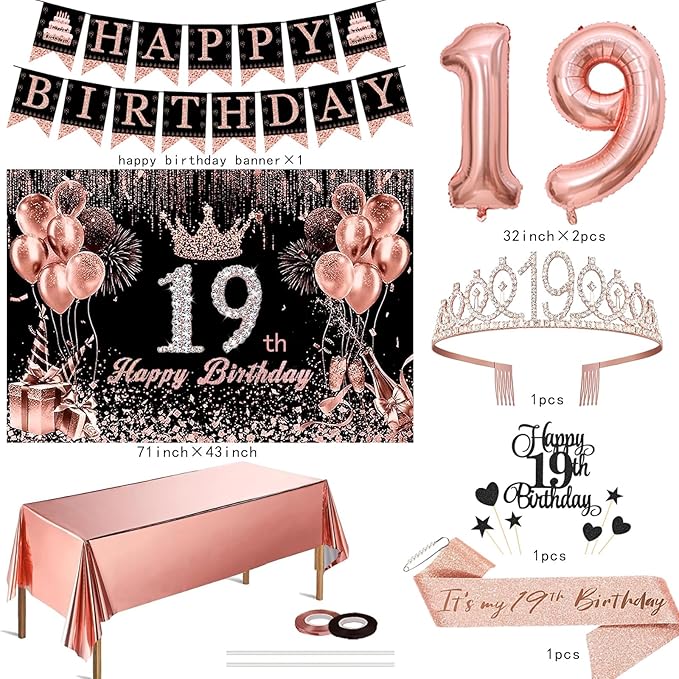 19th Birthday Decorations for Her Black Rose Gold Party Essentials