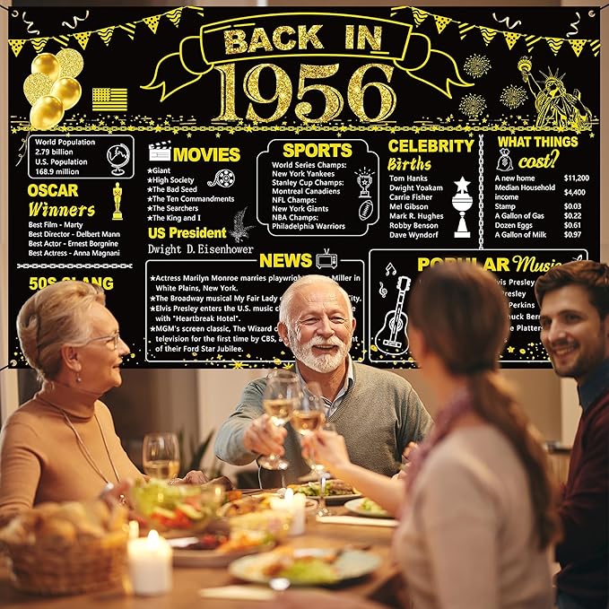 DARUNAXY 70th Birthday Black Gold Party Decoration, Back in 1956