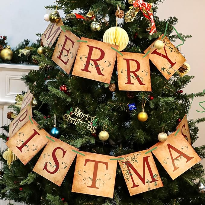 Merry Christmas Banner Vintage Christmas Garlands Decorations for