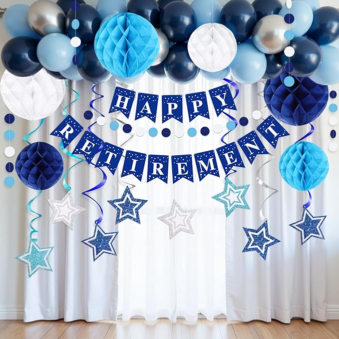 Happy Retirement Party Decorations for Men Women Blue Silver Happy