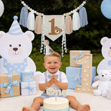 Bear First Birthday Blue High Chair Banner Decorations Baby Boy With