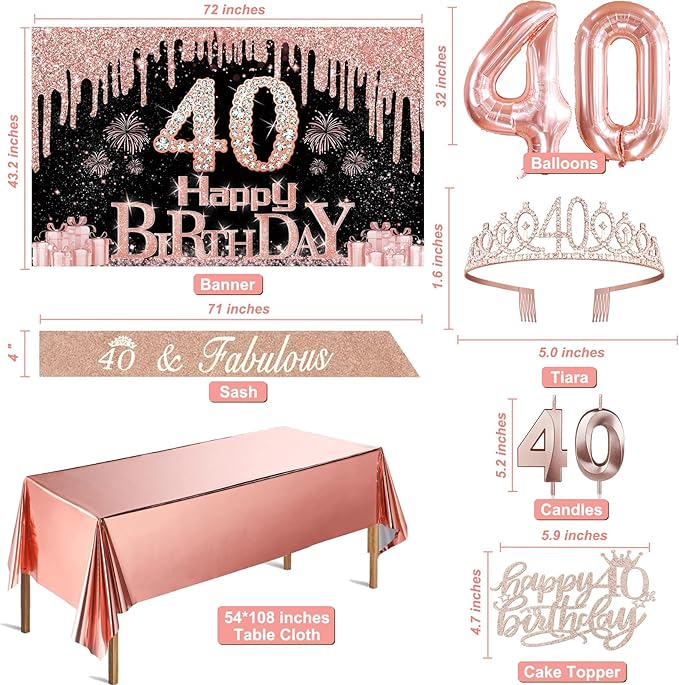 40th Birthday Decorations for Women with Banner Rose Gold Tablecloth