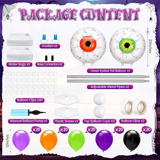 2 Set Halloween Eyeball Balloon Column Stand Kit with Red Green