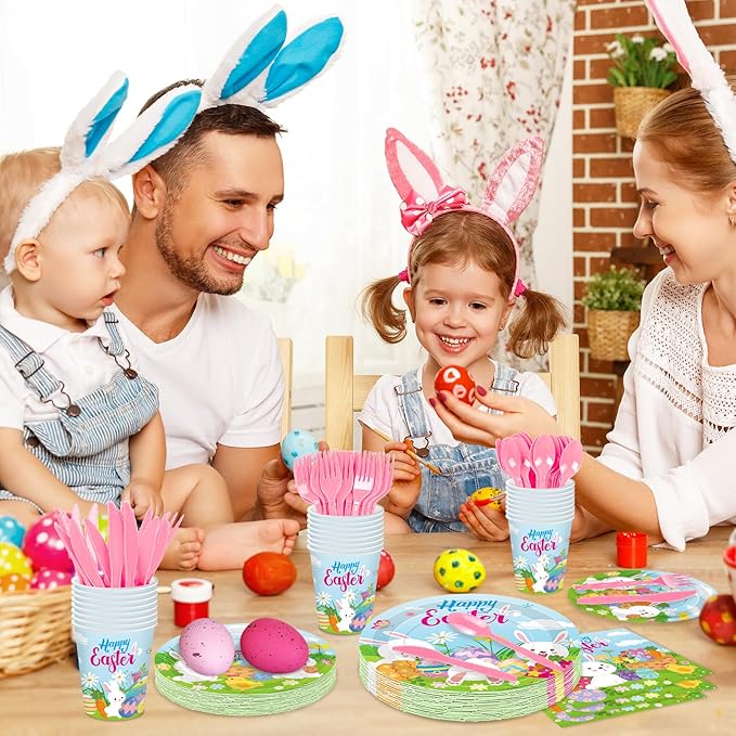 175 Pcs Easter Day Tableware Set Serves 25 Happy Easter Bunny and