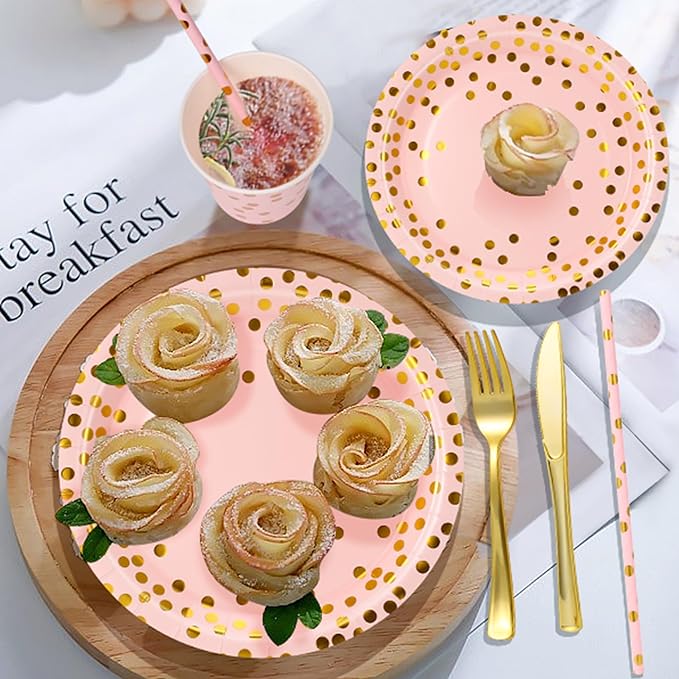 Sylken 186 Pieces pink and Gold Party Tableware Set - 25 Guests Paper