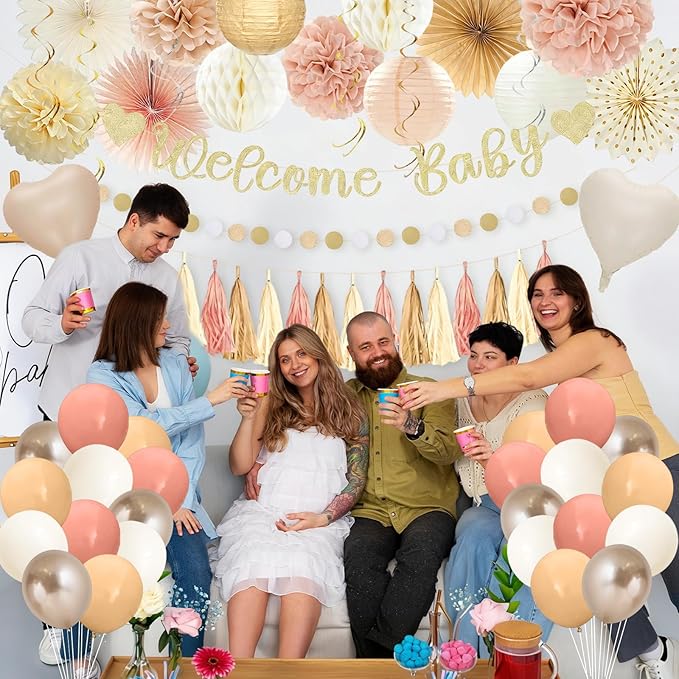 Champagne Gold Boho Baby Shower Party Decorations with Welcome Baby