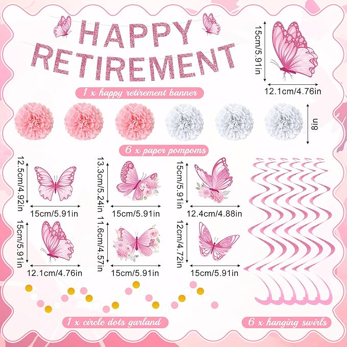14pcs Pink Retirement Party Decorations for Women Butterfly Pink