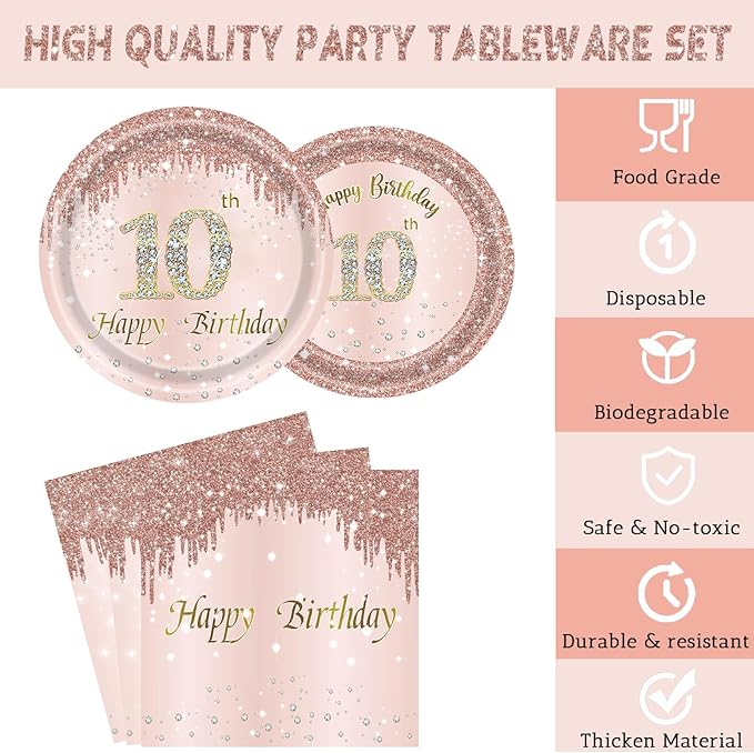 24 Sets 10th Rose Gold Birthday Party Decrations for Girls 10