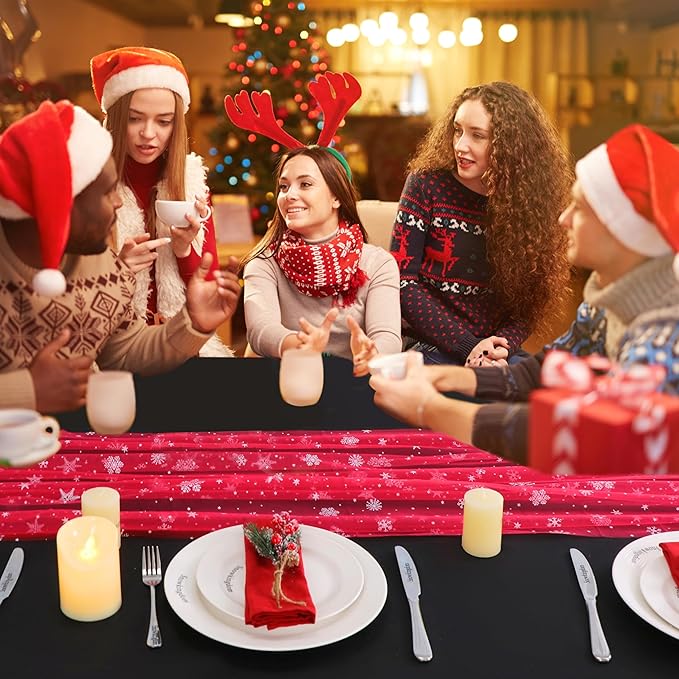 Snowkingdom Red Christmas Table Runner, Red and White Snowflakes