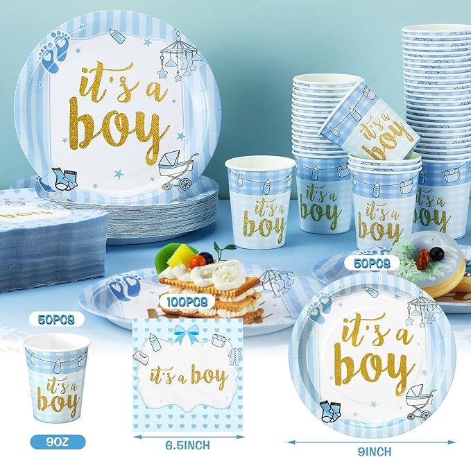 200 Pcs Blue Baby Shower Paper Plates Napkins Cups Boy Baby Shower