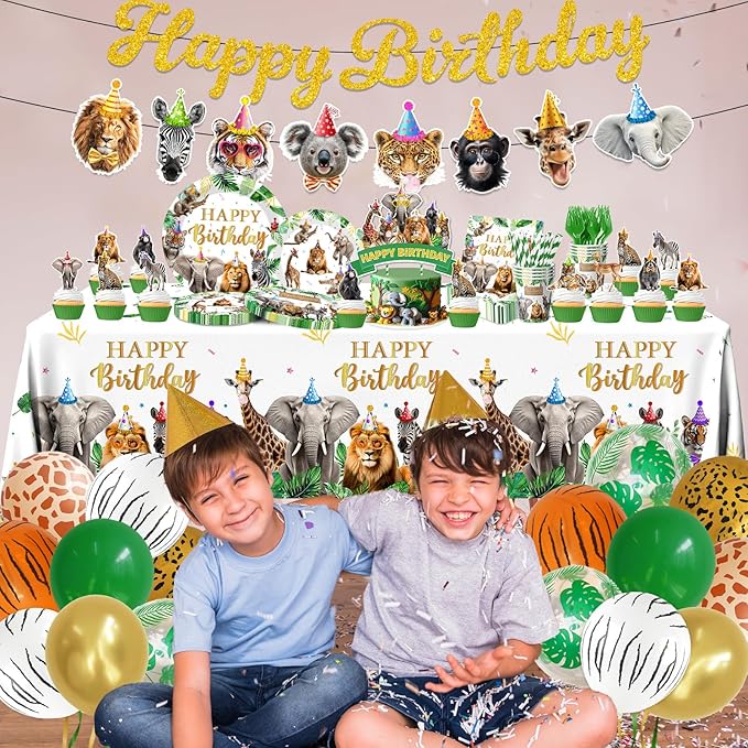 Safari Themed Party Decorations Tableware 198pcs Jungle Plates and