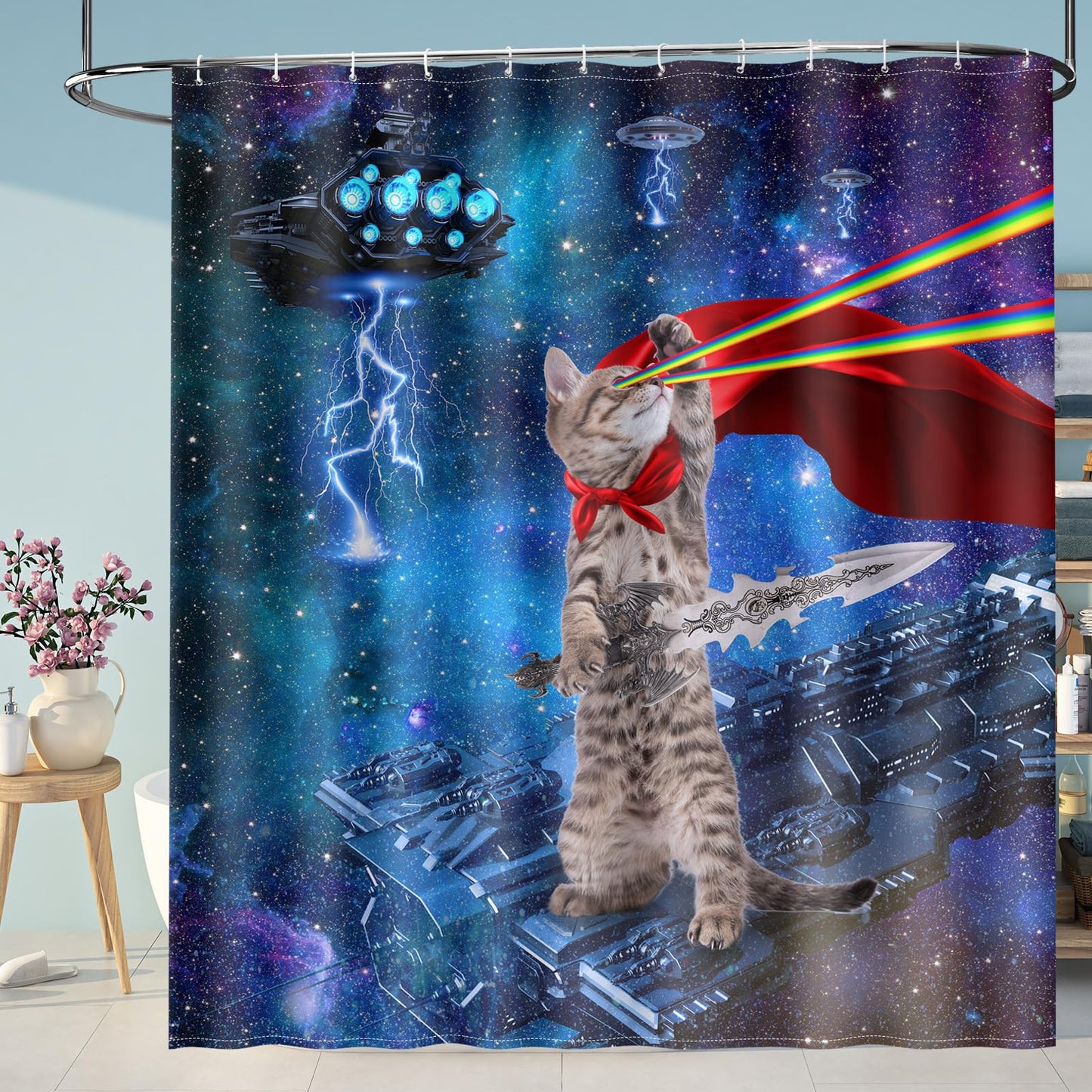 Aimego Extra Long Shower Curtain - Funny Cute Cool Cat on Fantasy