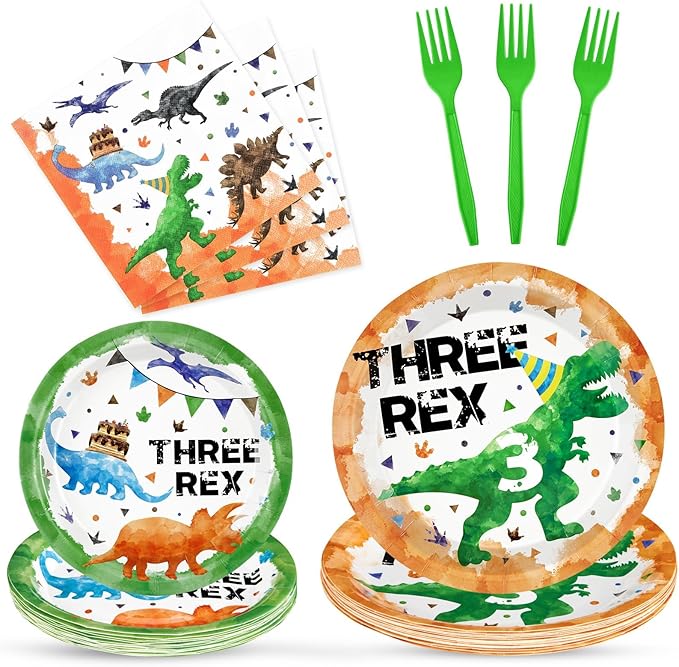 Three Rex Birthday Decorations 64PCS Dinosaur Plates Napkins and
